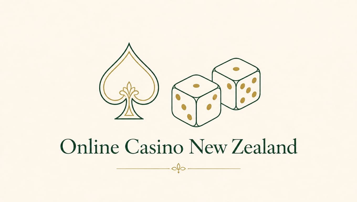 Line-art spade and dice with the caption Online Casino New Zealand on cream paper